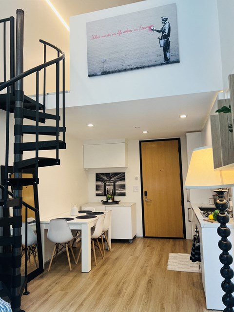One Bedroom Mezzanine Loft apartment home in Fairfax Apartment homes in Los Angeles California.